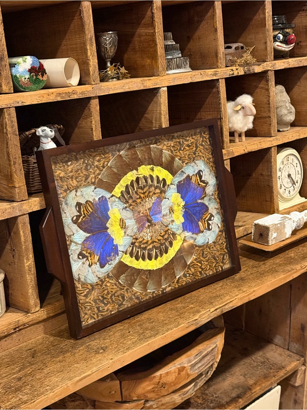 Gorgeous Vintage Butterfly Glass Dark Wood Tray